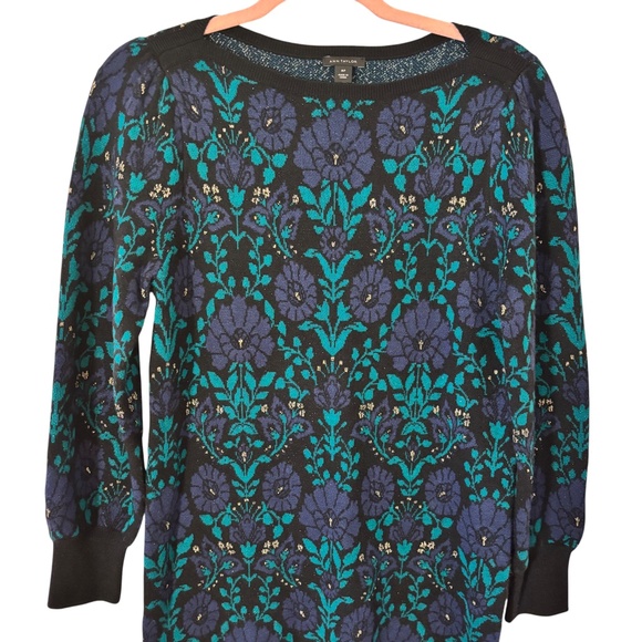 Ann Taylor Floral Sweater Dress MP Petite Black Blue Green Metallic Knit - Picture 1 of 12